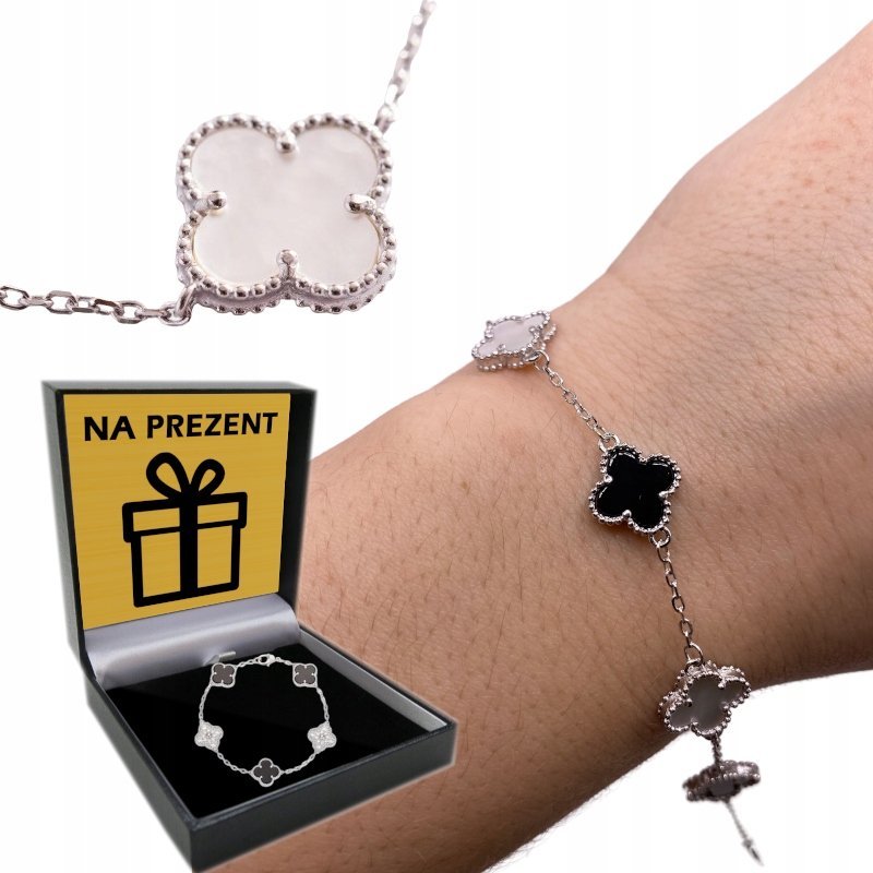 BRANSOLETKA Srebrna Damska SREBRO pr.925 Koniczyna Onyks Perłowa Koniczynka