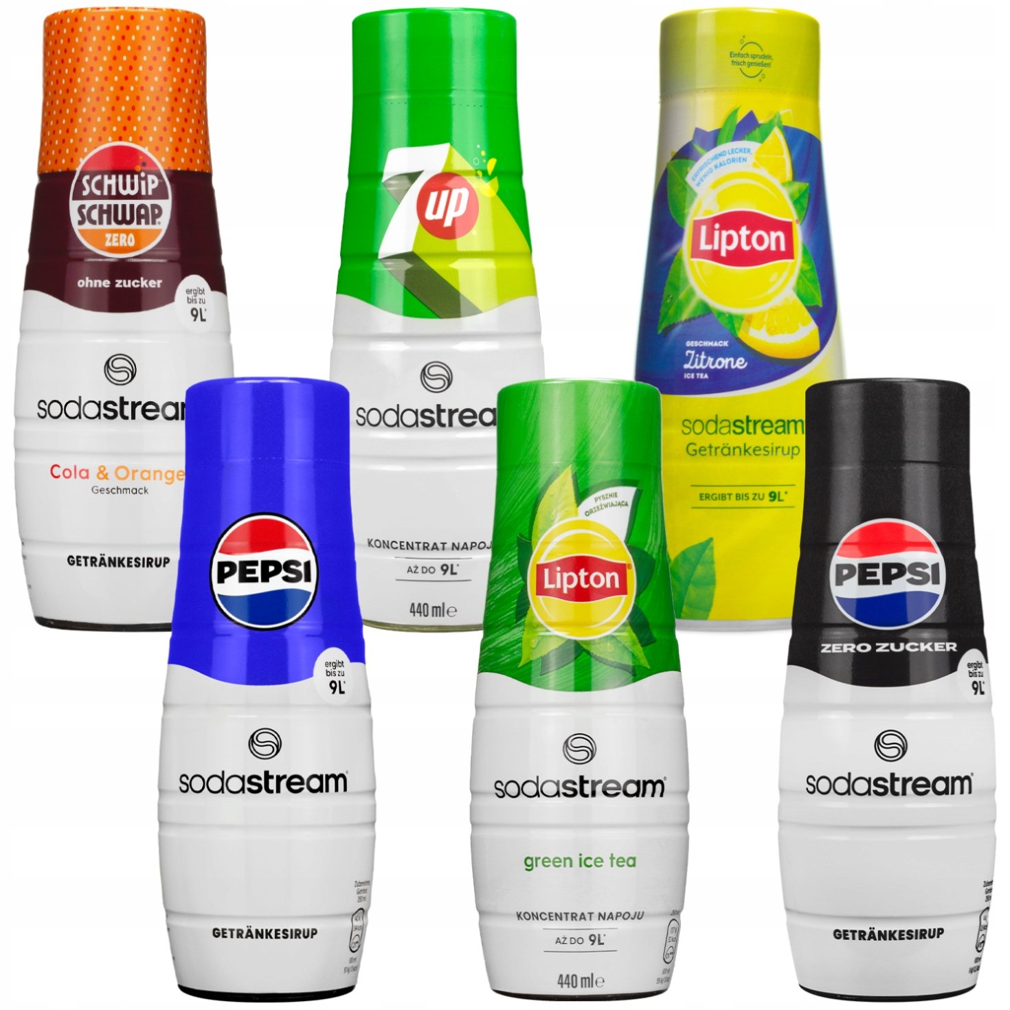 6x Syrop do SodaStream 440ml - Pepsi, Pepsi Max Bez Cukru, 7UP, Schwip Schwap Bez Cukru, Lipton Ice Tea Zielona Herbata z cytrusami, Lipton Ice Te..