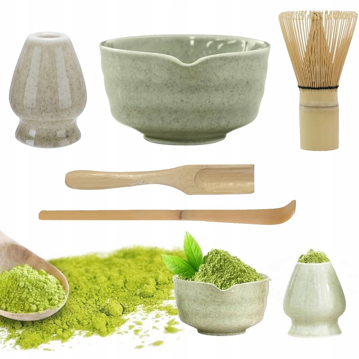 Akcesoria do Robienia Matchy, Zestaw do Matcha z Miską Ceramiczną Zielony