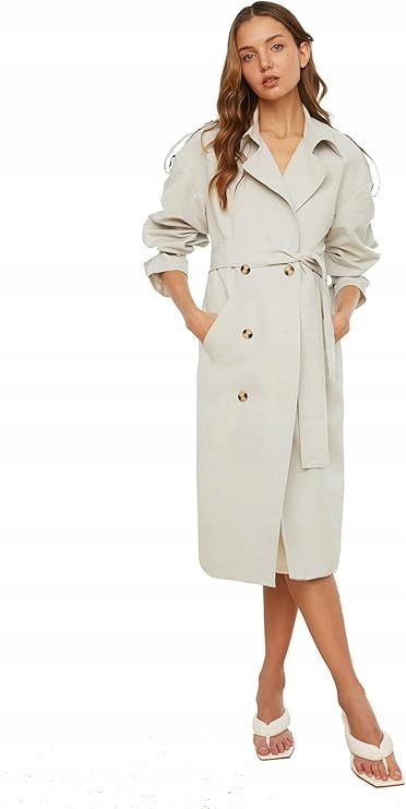 TRENDYOL PŁASZCZ KLASYCZNY SZARY Z PASKIEM I KLAPAMI 42 5BA