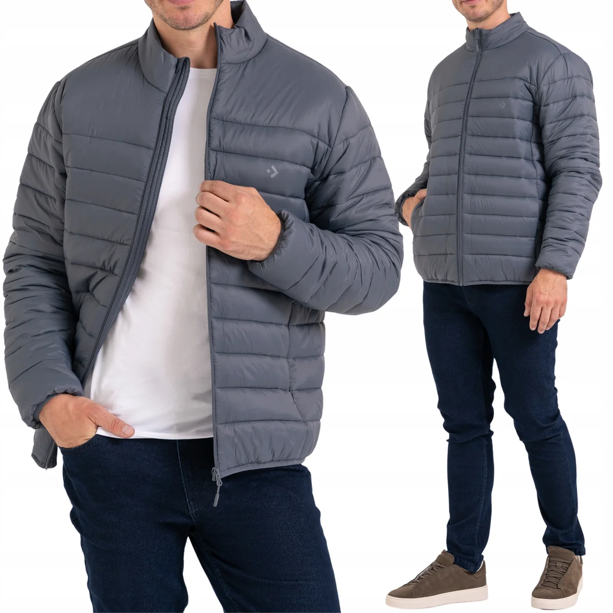 KURTKA MĘSKA PIKOWANA PRZEJŚCIOWA LEKKA OCIEPLANA STÓJKA KIESZENIE MORAJ M GREY
