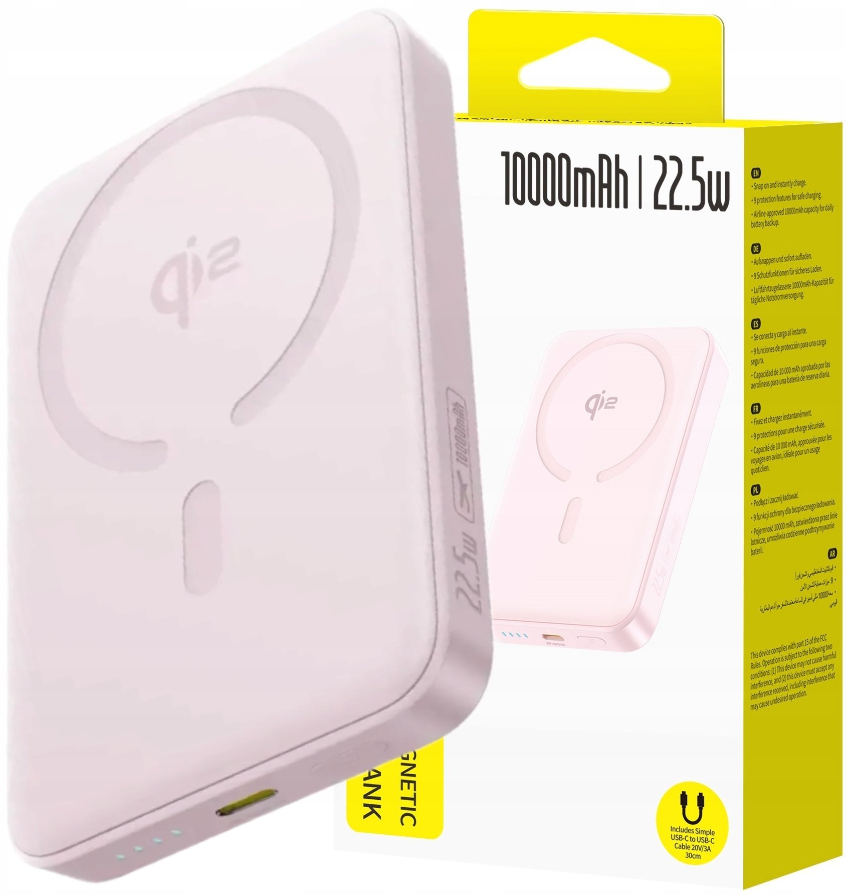 Powerbank Baseus Powerbank Baseus EnerFill FM12 Qi2 10000mAh 22.5W kompatybilny z MagSafe z białym kablem Baseus Simple USB-C 20V/3A 0,30m - różowy