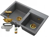 Zlewozmywaki - Granitan Zlew Granitowy Szary 2Komory Syfon Złoty Hektor - miniaturka - grafika 1
