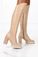 Kozaki damskie - Beżowe kozaki na słupku za kolano POLSKA SKÓRA Casu 4178 - miniaturka - grafika 1