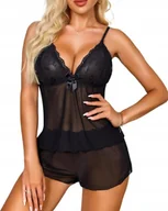 Komplety bielizny - SEKSOWNA BIELIZNA DLA KOBIET PIŻAMA DAMSKA KOSZULKA SPODENKI CZARNE S - miniaturka - grafika 1