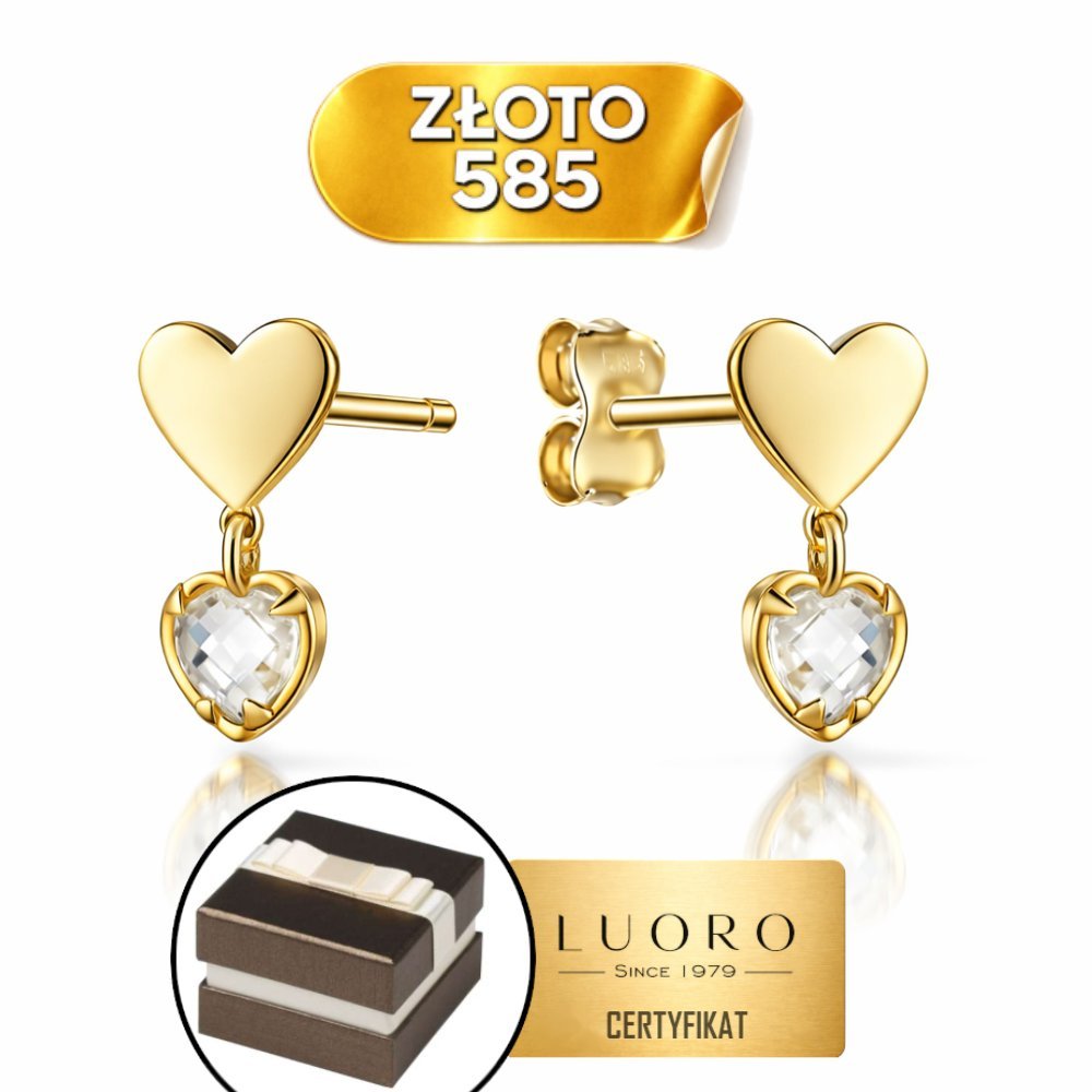 KOLCZYKI ZŁOTE 585 14K SERCA Z WISZĄCYM KAMIENIEM SZTYFT ELEGANCKIE 12 MM