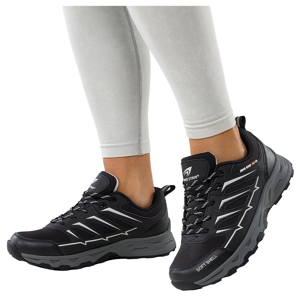 Czarne buty trekkingowe damskie buty sportowe na bieżnikowanej podeszwie sznurowane białe wstawki softshell Casu 2408-1W-41