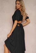 Sukienki - Czarna Wiskozowa Sukienka o Rozkloszowanym Kroju z Wycięciem na Plecach i Wiązaniem Dimiella - miniaturka - grafika 1