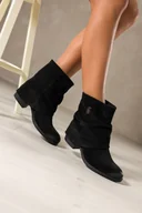 Botki damskie - Czarne botki skórzane damskie kowbojki z szeroką marszczoną cholewką stalowa ozdoba ścięty obcas klocek PRODUKT POLSKI Casu 39454 - miniaturka - grafika 1