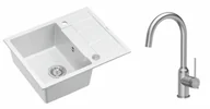 Zlewozmywaki z baterią - Quadron Unique Zlewozmywak granitowy jednokomorowy 62*50*22 cm z ociekaczem MORGAN 116 SNOW WHITE z syfonem Push-2-Open w kolorze stalowym z baterią INGRID Q LINE kolor stal szczotkowana - miniaturka - grafika 1