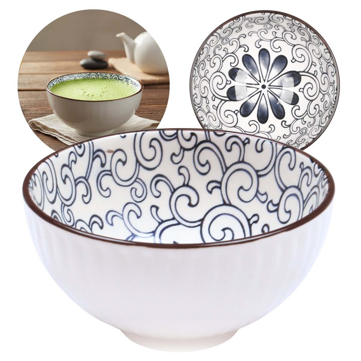 Czarka japońska, ceramiczna miseczka Chawan do parzenia herbaty matcha - niebieskie ornamenty i kwiat 280 ml