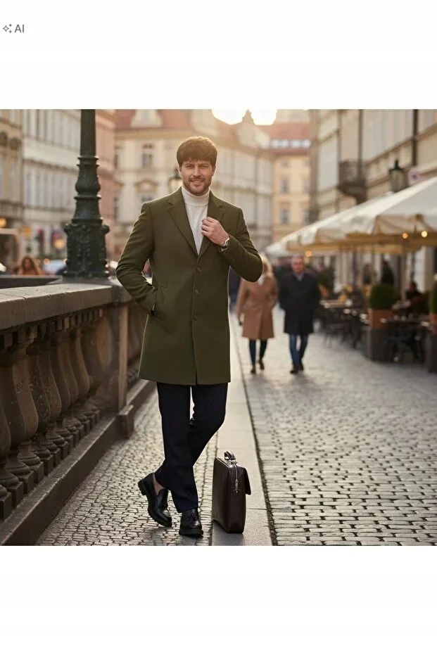 FRAPPOLI ELEGANCKI GŁADKI PŁASZCZ MĘSKI W KOLORZE OLIWKOWYM 58 5IA