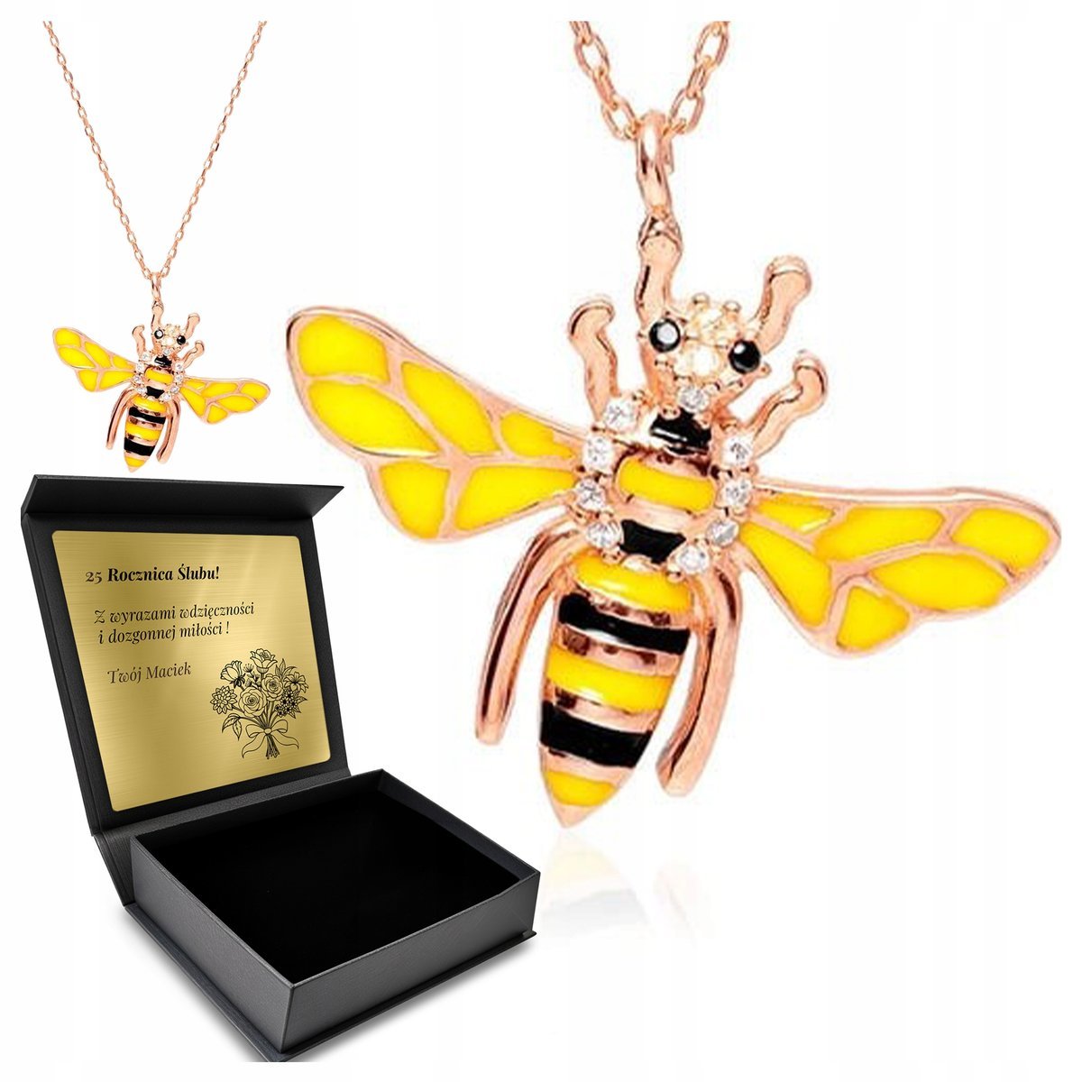 Łańcuszek Naszyjnik Pozłacany Srebrny Pszczoła Cyrkonie Dla Kobiety Grawer