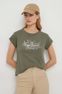 Koszulki sportowe damskie - Pepe Jeans t-shirt bawełniany HELEN damski kolor zielony - grafika 1