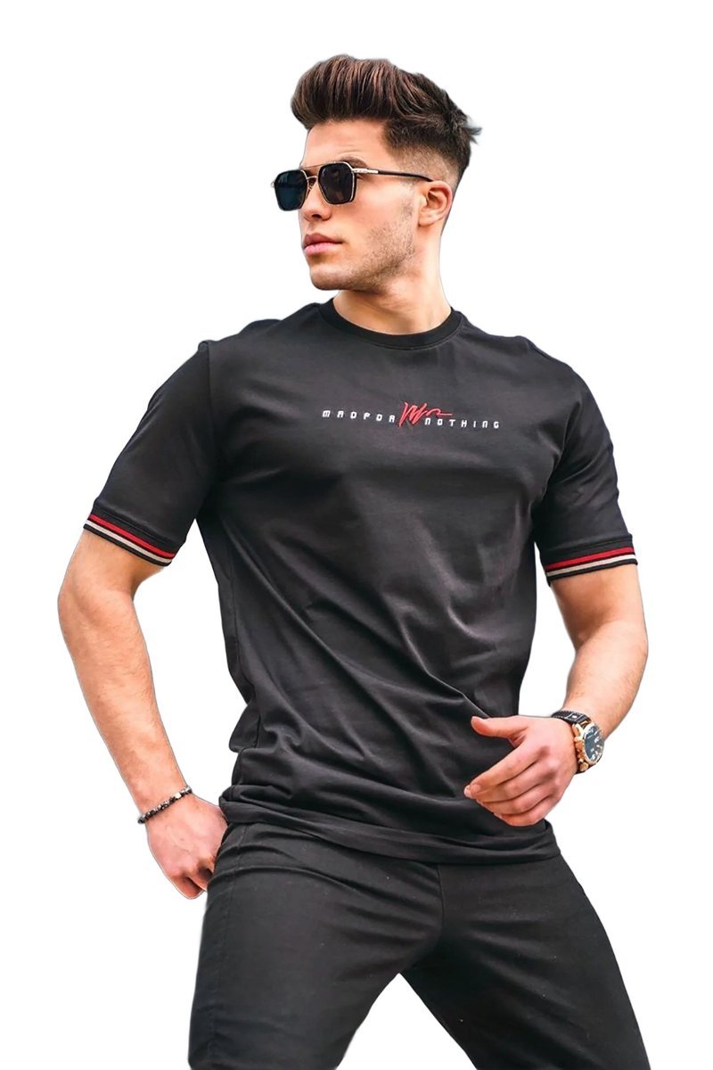 MADMEXT CZARNY T-SHIRT MĘSKI Z NAPISAMI I PASKAMI NA RĘKAWACH L 5DA