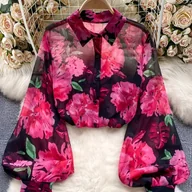 Koszule damskie - TEMU Elegancka Damska Bluzka z Kwiatowym Nadrukiem i Długim Rękawem z Detalem Guzików na Przodzie - Prześwitujący Różowo-Czarny Wzór Kwiatowy, - miniaturka - grafika 1