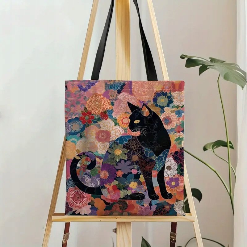 Torba shopperka tote czarny kot japońskie wzory kwiaty kawaii koty kolorowa