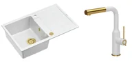 Zlewozmywaki z baterią - Quadron Unique Zlewozmywak granitowy jednokomorowy 78*50*22 cm z ociekaczem MORGAN 111 SNOW WHITE z syfonem Push-2-Open w kolorze złotym z baterią ANGELINA Q LINE SNOW WHITE z wyciąganą wylewką kolor biały mat/wykończenie złote - miniaturka - grafika 1
