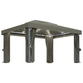 Altany ogrodowe - shumee Altana z zasłonami i lampkami LED 4x3 m kolor taupe - miniaturka - grafika 1