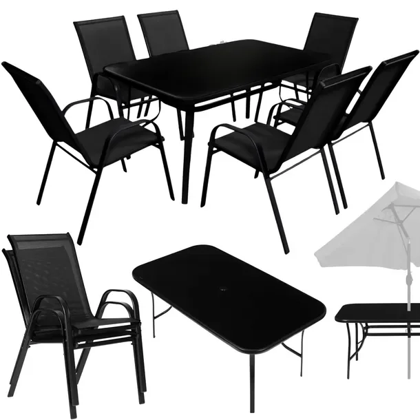 Zestaw Mebli Stół Ogrodowy 6 Krzeseł Czarny Szklany Blat 140x80 Cm