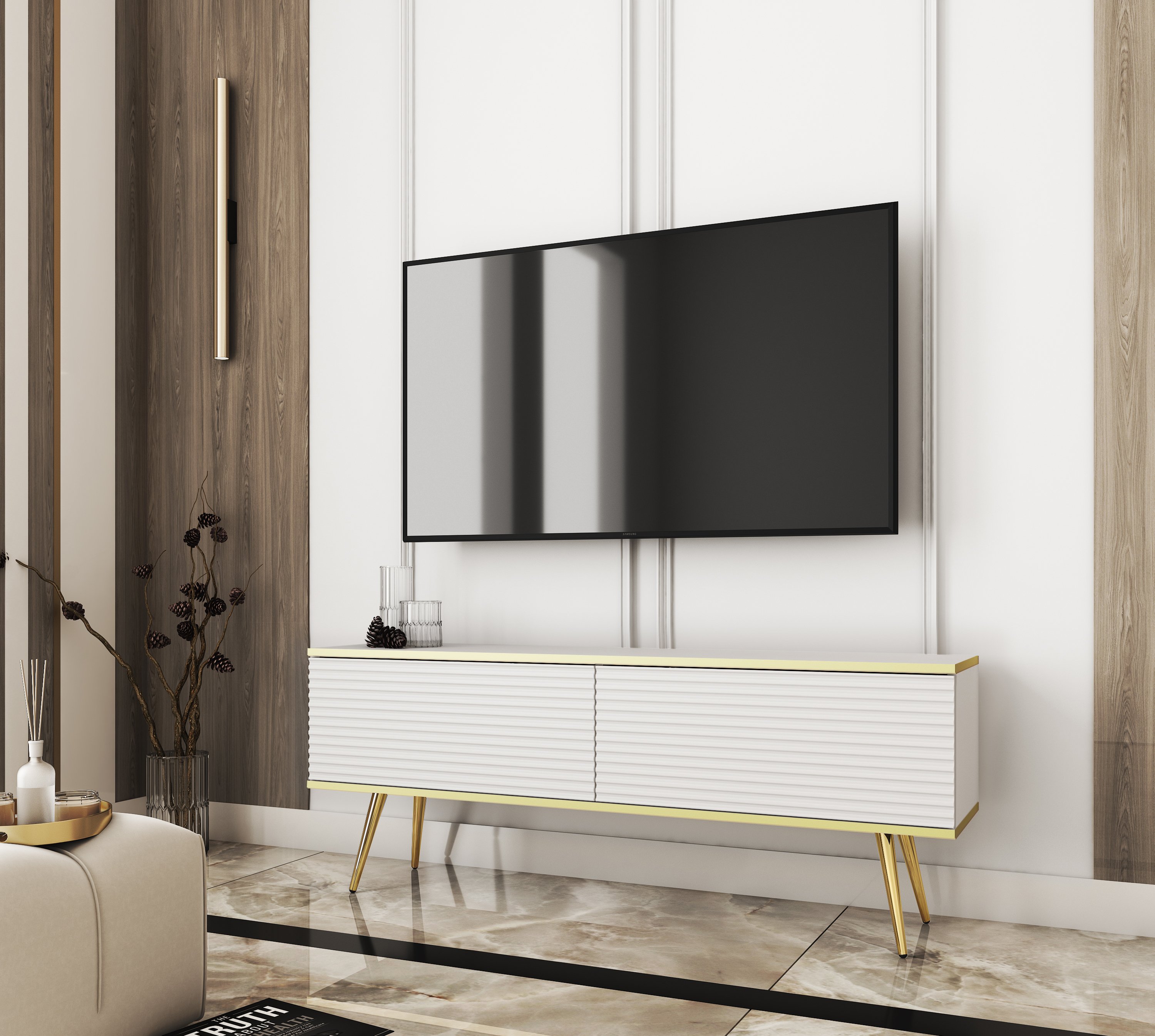 Szafka RTV Blum Oro MDF biała 135 złote nogi - mebel wolnostojący do samodzielnego montażu do salonu