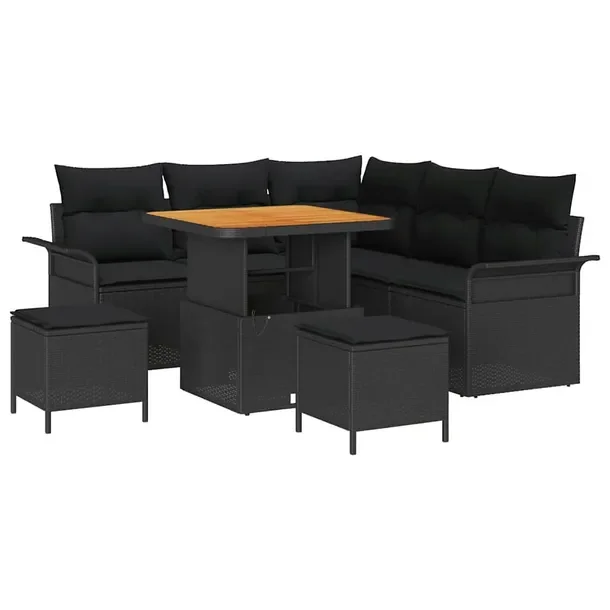 Zestaw ogrodowy z polirattanu, sofa narożna, 2 pufy, stół, czarny, 60 cm