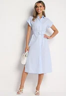 Sukienki - Niebieska Bawełniana Sukienka Koszulowa z Materiałowym Paskiem w Talii Nelarinda - miniaturka - grafika 1