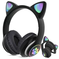 Słuchawki - Alogy Słuchawki bezprzewodowe nauszne LED RGB Bluetooth 5.0 FM MP3 radio Kocie uszy świecące Czarne - miniaturka - grafika 1