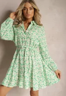 Sukienki - Zielono-Beżowa Koszulowa Sukienka z Bawełny z Geometrycznym Wzorem Vearil - miniaturka - grafika 1