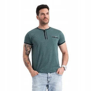 Męski t-shirt henley z ozdobnymi ściągaczami c.zielony V2 OM-TSCT-0175 L - Koszulki męskie - miniaturka - grafika 1