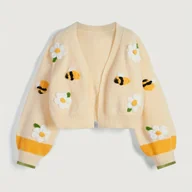 Swetry damskie - TEMU Kardigan Tenggongchi z Eleganckim Haftem Pszczół i Kwiatów – Musztardowy Sweter z Długim Rękawem na Jesień/Zimę, Średnio Elastyczny, Regular Fit - miniaturka - grafika 1