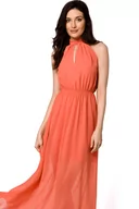 Sukienki - Długa sukienka szyfonowa wieczorowa z dekoltem halter pomarańczowa - Makover - miniaturka - grafika 1