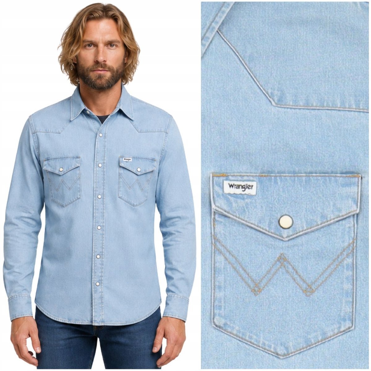 Wrangler Western Shirt Blue Lagoon koszula jeansowa męska zatrzaski M