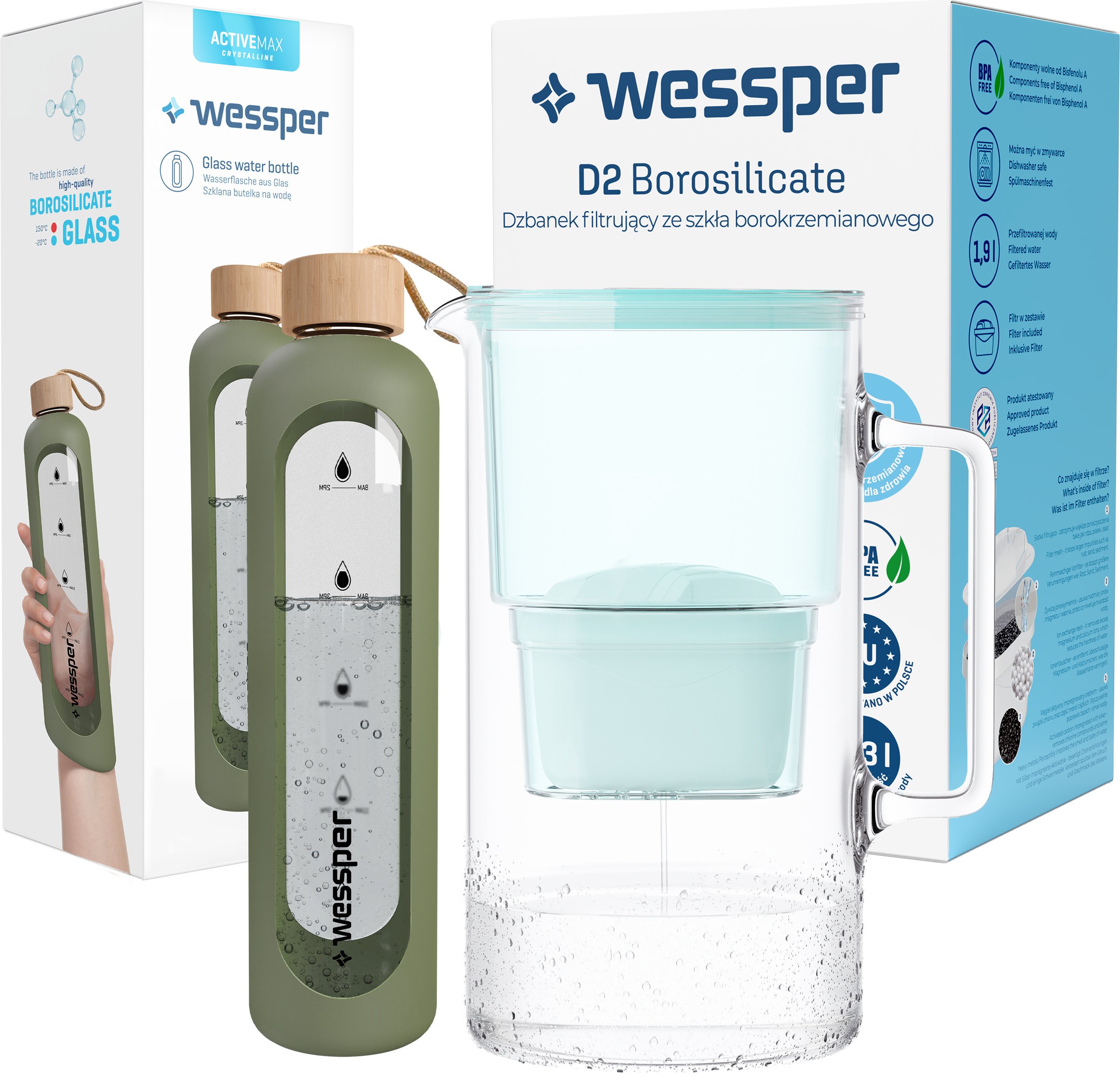 Zestaw Wessper: szklany dzbanek AquaMax Crystalline 3L z filtrem + szklana butelka motywacyjna ActiveMax Crystalline 1L z silikonowym rękawem oliwkowym