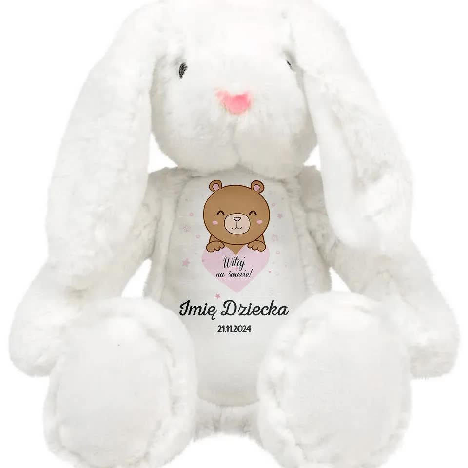 KRÓLICZEK PRZYTULANKA Dla Dziecka Personalizwoane DZIEŃ URODZENIA Różowe Wz