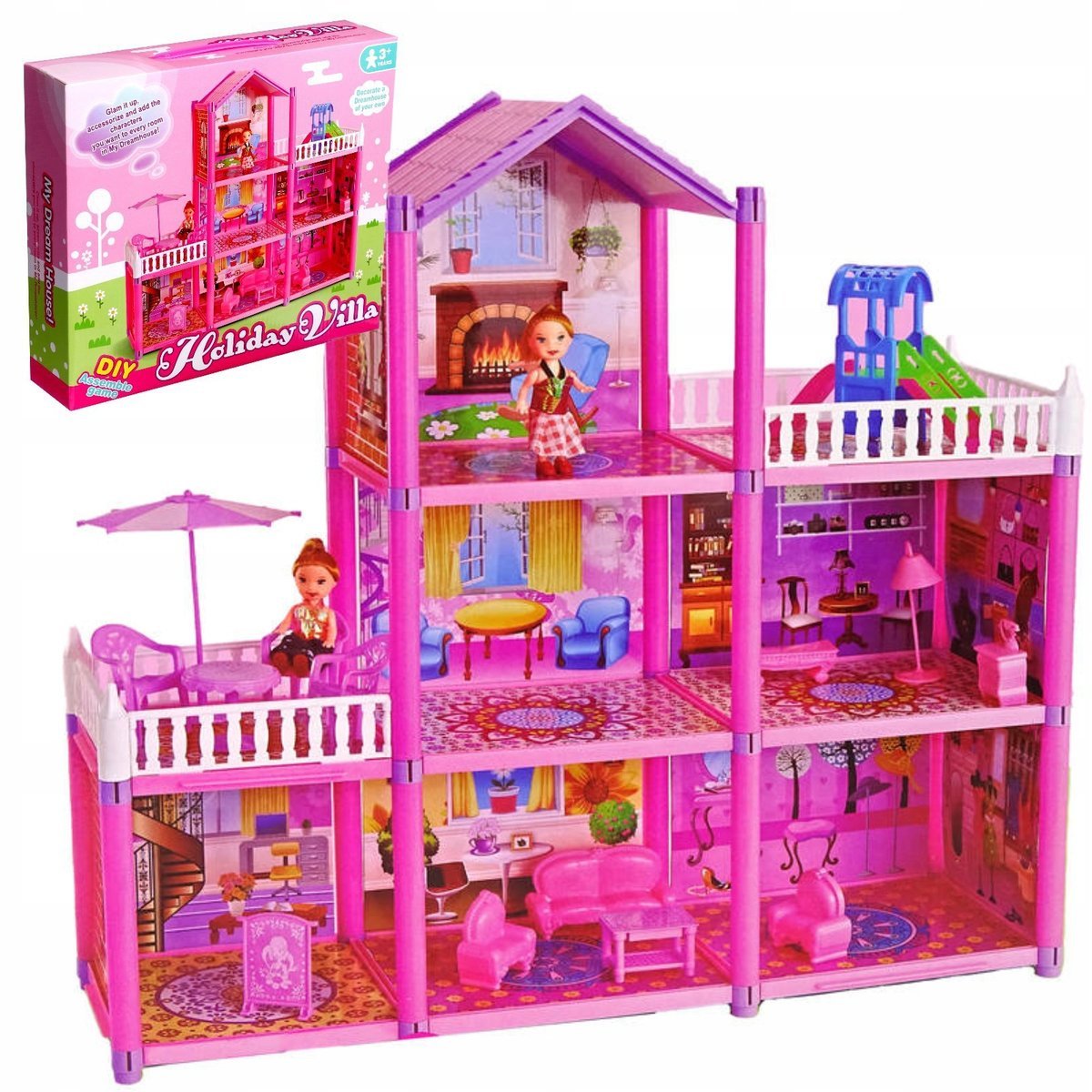 Duży Domek dla Lalek Meble Lalki Kolorowe Mebelki 3 Piętra Taras Różowy