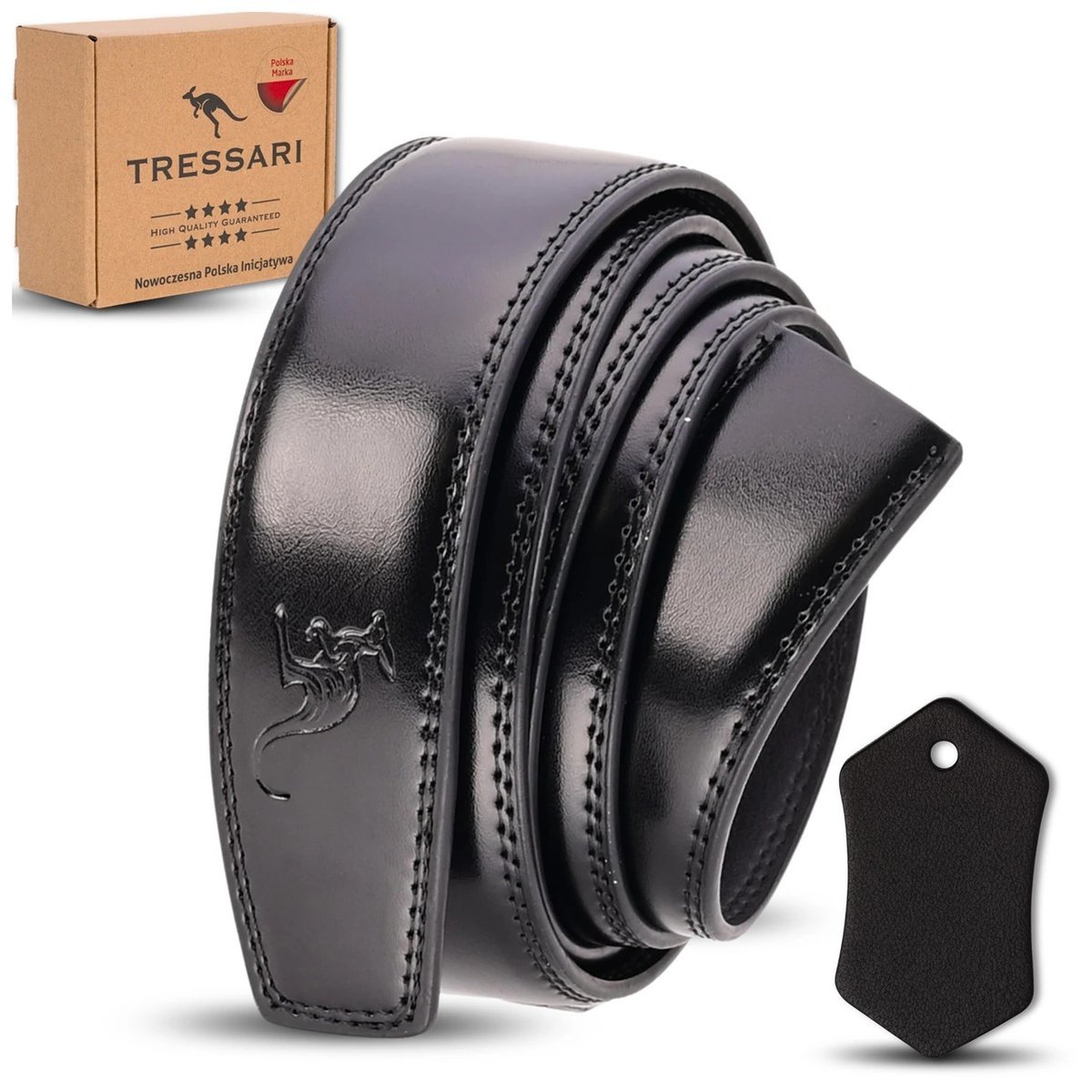 TRESSARI Skórzany czarny Pasek 120cm do spodni bez klamry skóra naturalna