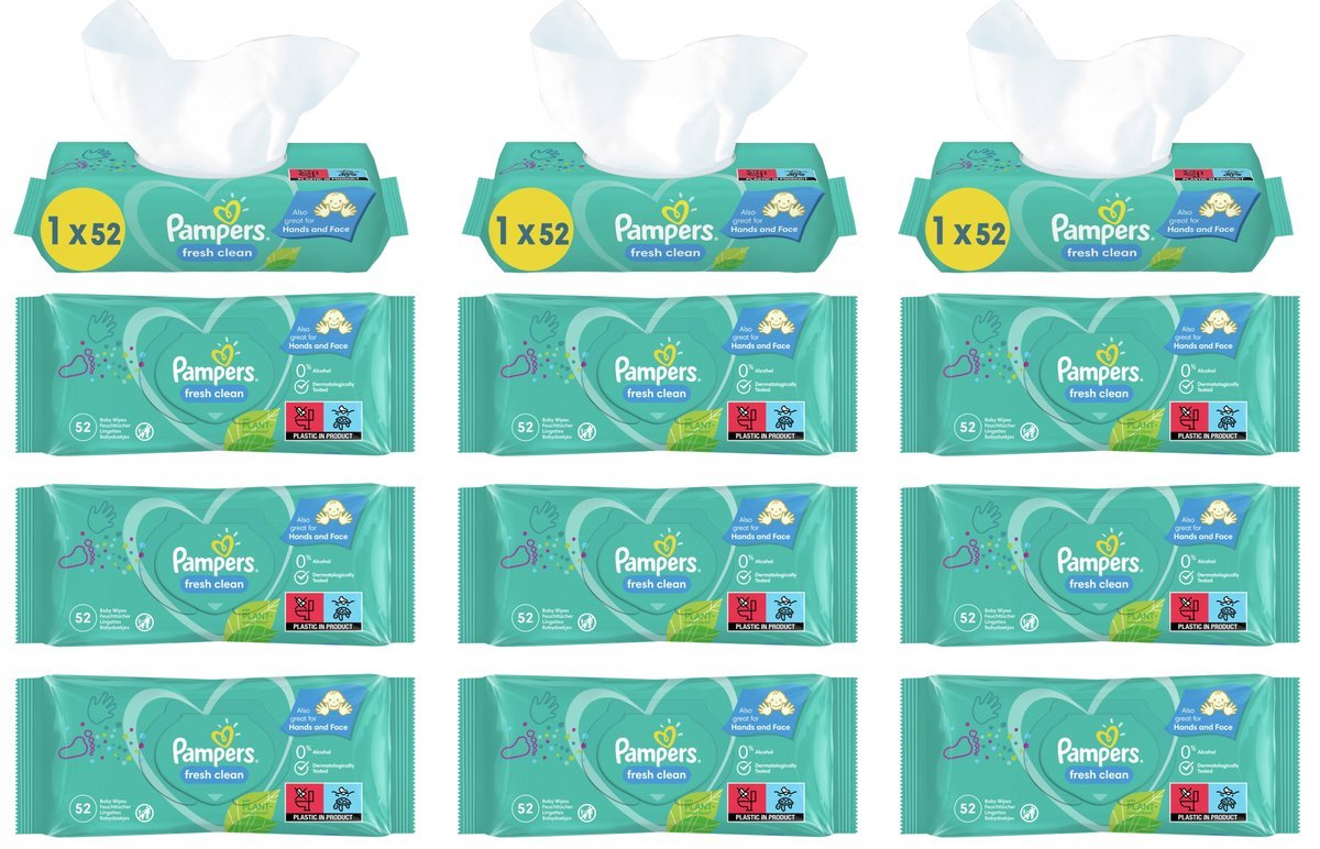Chusteczki Pampers Fresh Clean Nawilżane Wipes 12 x 52 szt. - 624 Sztuki