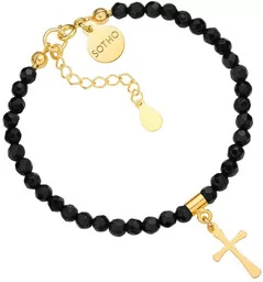 Czarna bransoletka z fasetowanego onyksu ze złotym krzyżykiem - Biżuteria religijna - miniaturka - grafika 1