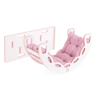 MISIOO Bujak Small Rocker 4 w 1 + ścianka wspinaczkowa/zjeżdżalnia + poduszka (różowy Velvet), biały Wooden Play - Skoczki dla dzieci - miniaturka - grafika 1