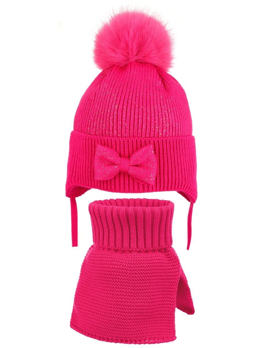 Zimowy komplet dla dziewczynki: czapka z pomponem i komin fuksja Ambra r.46/48