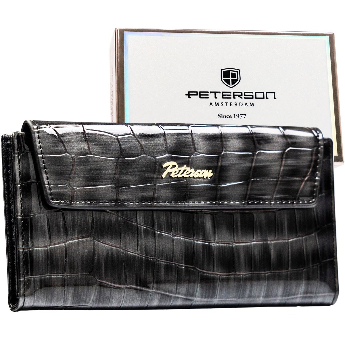 Portfel damski slim PETERSON duży na zatrzask i suwak rozbudowany na karty elegancki modny szary