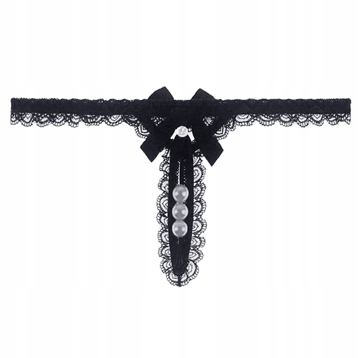 Stringi paseczki czarne majtki z rozcięciem haft perełki - S/M