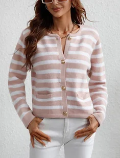 Zapinany na guziki sweter damski o klasycznym kroju w paski - Różowy - Swetry damskie - miniaturka - grafika 1
