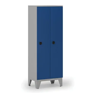Drewniana szafa ubraniowa, obniżona, 2-drzwiowa, 1660 x 600 x 400 mm, zamek kodowy, szary/niebieski - Szafki BHP - miniaturka - grafika 1