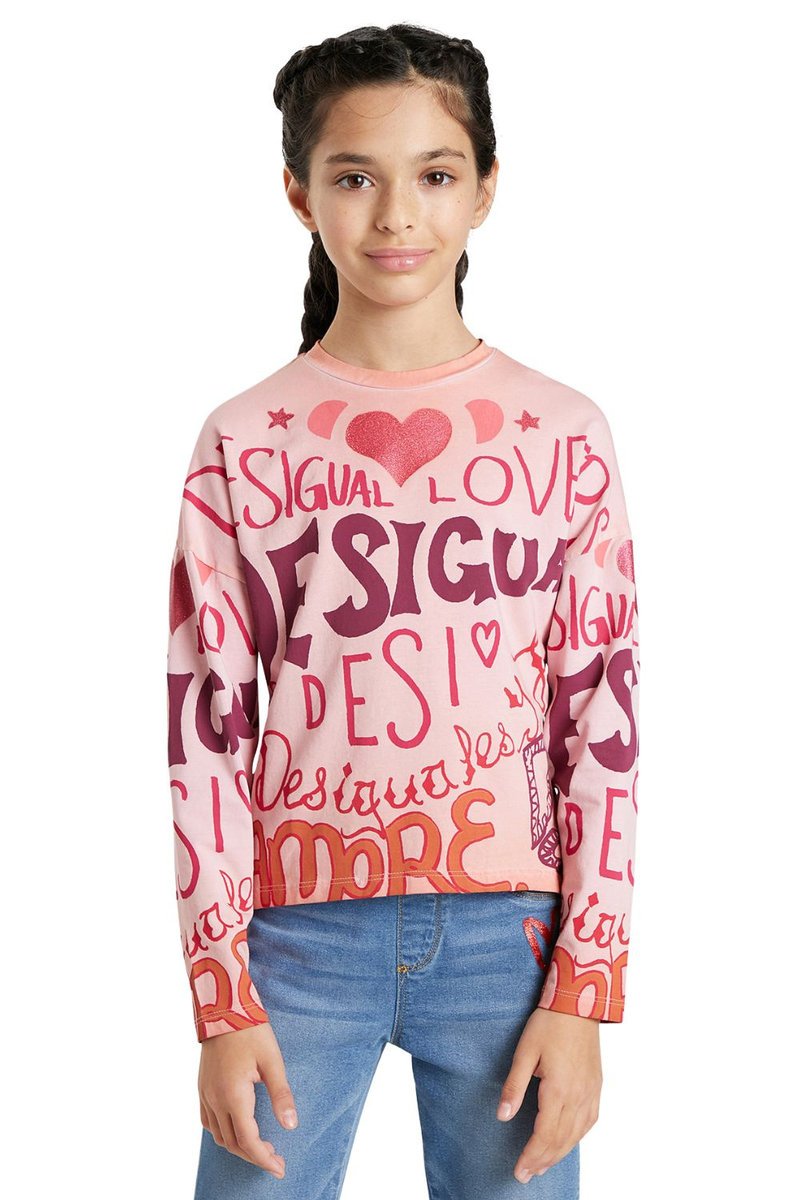 Bluzka dziecięca Desigual Gril różowa z napisami -98