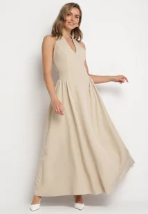 Beżowa Sukienka o Rozkloszowanym Kroju z Wiązanym Dekoltem Halter Senicea - Sukienki - miniaturka - grafika 1