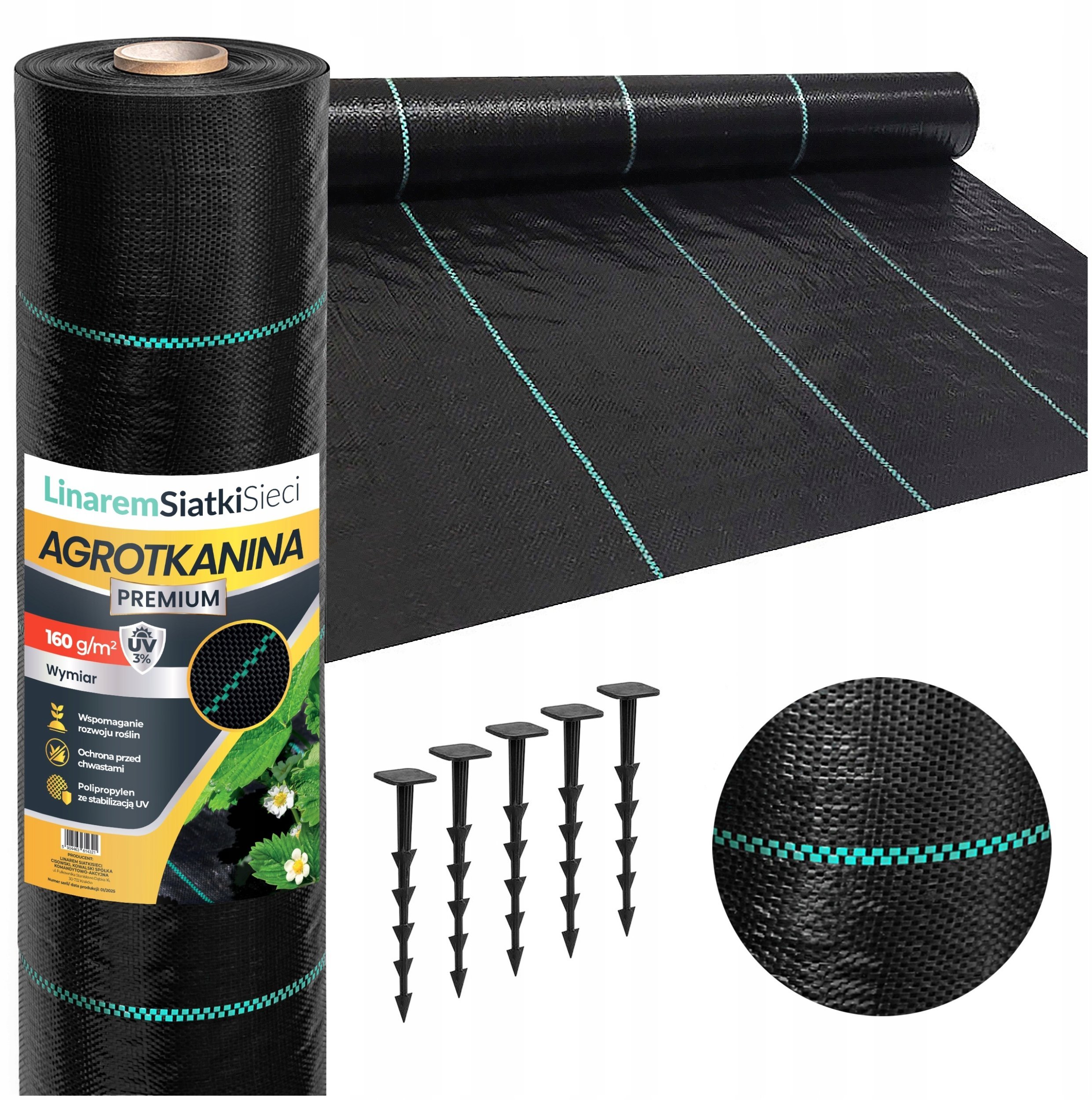 Linarem SiatkiSieci AGROTKANINA 160G 0,8x100m PREMIUM UV 3% AGROWŁÓKNINA CZARNA MATA + KOŁKI 5904463614307