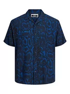 Koszule męskie - JACK & JONES Męska koszula Jcounnatural Reggie Resort Shirt Ss, Niebieska jona/Aop: czarny Aop, M - miniaturka - grafika 1