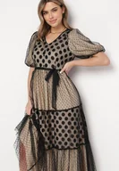 Sukienki - Beżowo-Czarna Tiulowa Sukienka Maxi z Paskiem Falbankami i Bufiastymi Rękawami Zelari - miniaturka - grafika 1